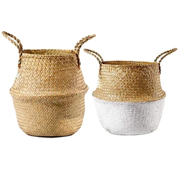 

Seagrass Plant Basket Set of 2 - Hand Woven Belly Basket with Handles, Middle Storage Laundry, Picnic, Plant Pot Cover