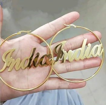 

Exaggeration Bamboo Custom Name Earrings Customizable 50 70 90mm Gold Sliver Statement Hoop Earrings for Women 2020 New