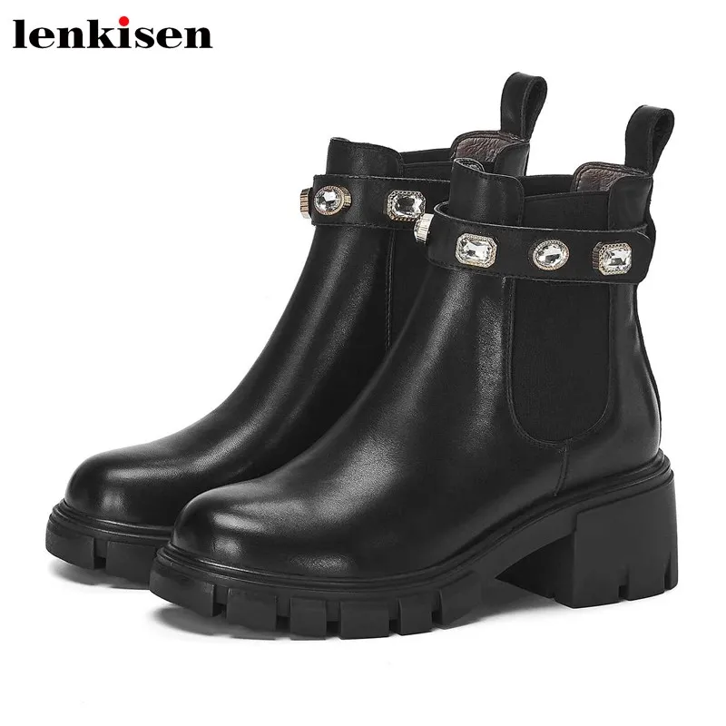 Lenkisen/стиль принцессы; ботинки «Челси» из коровьей кожи с пряжкой и кристаллами; зимние теплые модные ботильоны с круглым носком на высоком каблуке; L8f1
