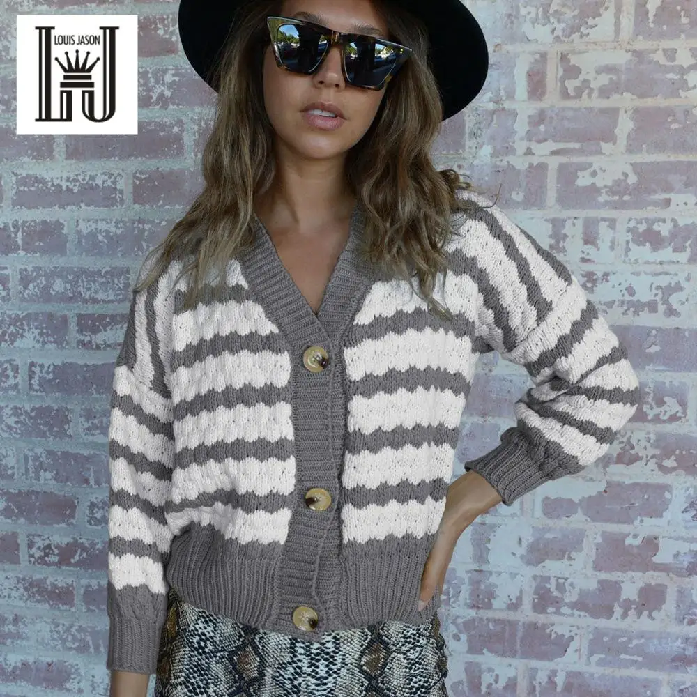 

LOUIS JASON Women Cardigan Autumn Winter Sweater Striped V-collar Long-sleeved Female Cardigan Coat Casual Lady Outwear Jumper