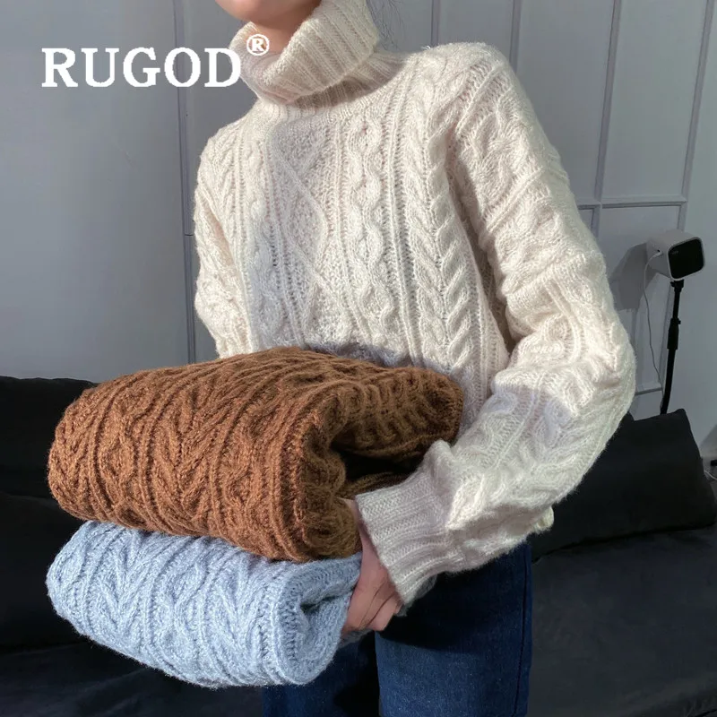RUGOD Turtleneck Knitted Sweater Twist Pattern Pullover Solid Jumper Winter Tops For Women Knitwear Loose Korean Style Fashion | Женская