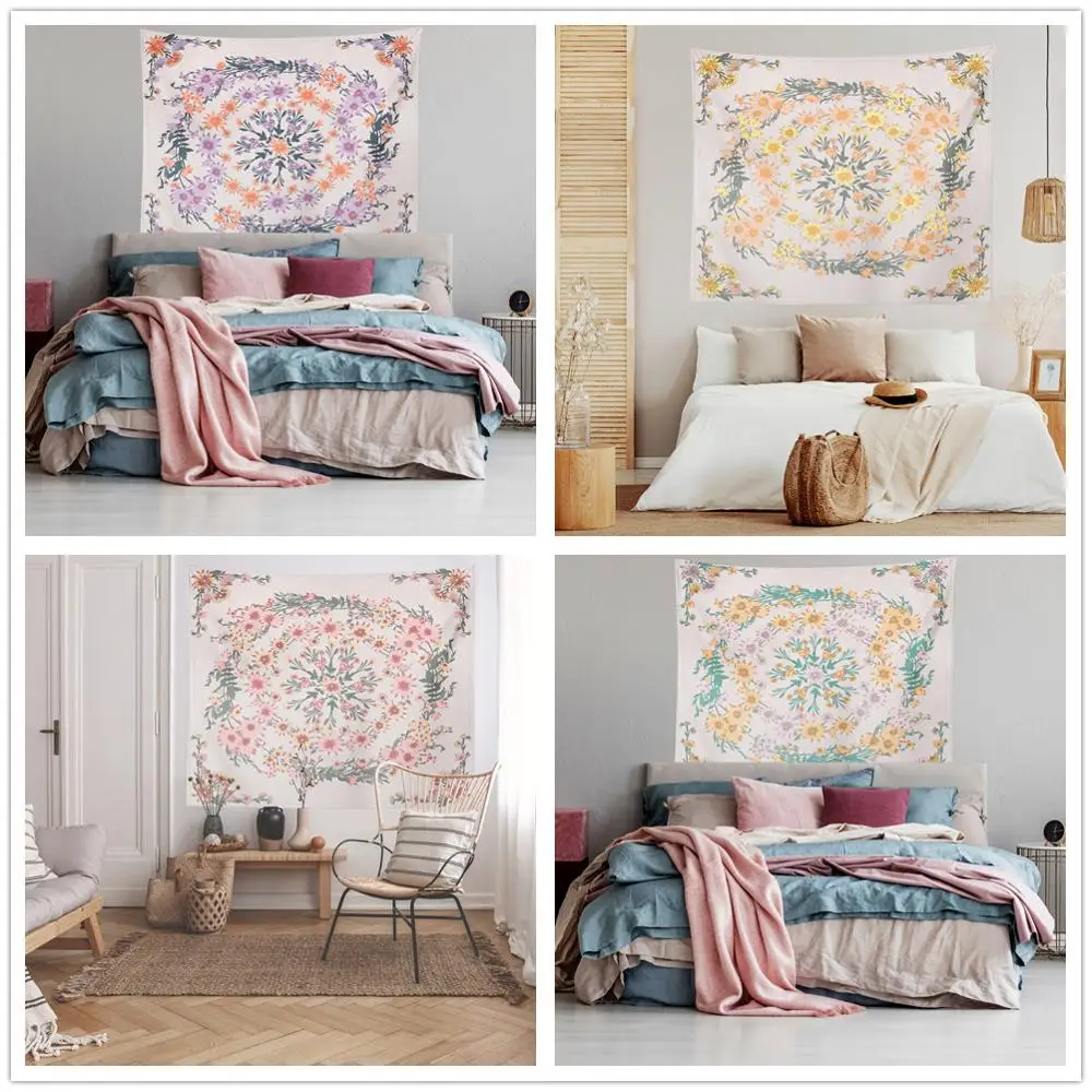 

Factory Outlet Nordic Aesthetic Plant Flower Texture Garland Printed Tapestry Home Decoration Mandala Flower Bedroom Painting
