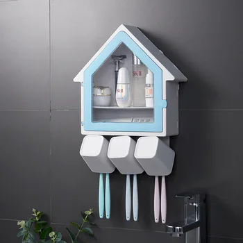 

Non-perforated Toothbrush Storage Rack Multifunctional Three-person Family Wash Cup Set Bathroom Wall-mounted Storage Rack
