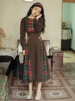 

Vintage Palace Style Midi Dress Women Female Retro Plaid Patchwork Slim Waist A-line Dress Elegant Ladies Dresses Vestido