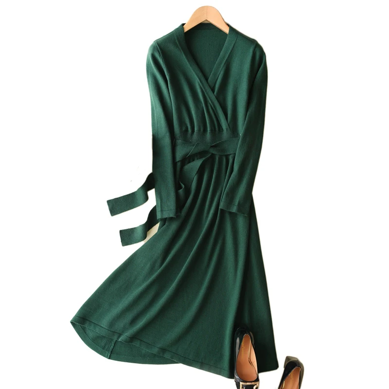 

Winter A-Line Cashmere Sweater Dress Women Long Sleeve V-Neck Long Pullover Sweater Belt Warm Soft Elegant Autumn Knitted Dress