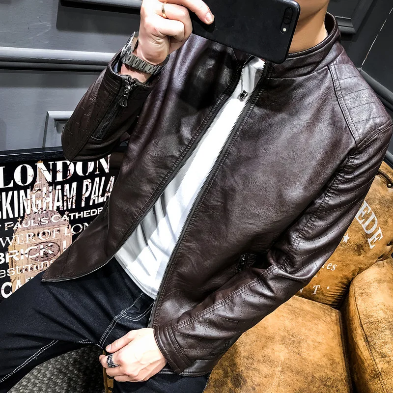 

Spring And Autumn Men's PU Leather Men's Thin Korean-style Casual MEN'S Outerwear Stand Collar Slim Fit Leather Jacket Trend You