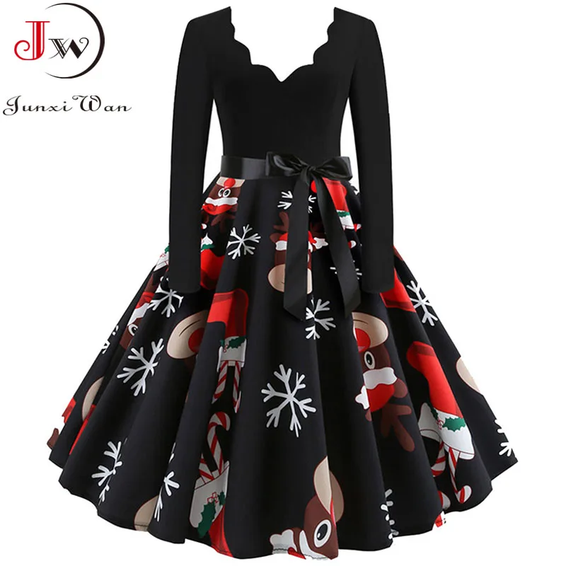 Women Christmas Dress Long Sleeve Vintage Elegant V Neck Print Big ...