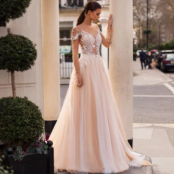 

Long Sleeve Wedding Dresses O-neck Lace Appliques Bridal Gown Tulle A Line Wedding Gowns Custom Made Vestidos de Noivas