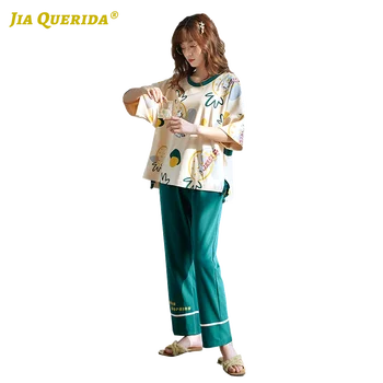 

New Pj Set Printing Short Sleeve Long Pants Sleepwear Fashion Style Casual Style Pajamas Set Summer Ladies Pajamas Set Woman
