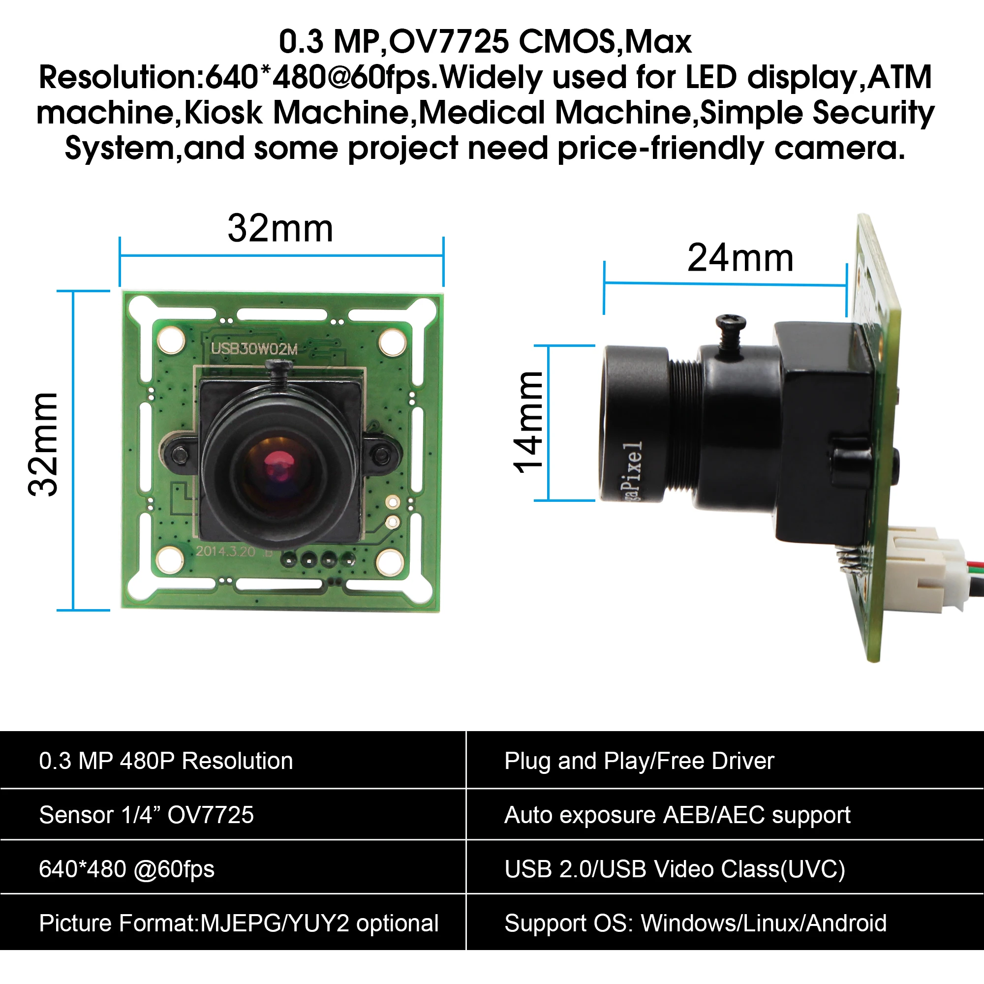 ELP 640*480 VGA USB2.0 OmniVision OV7725 цветной CMOS M12 объектив USB модуль камеры с MJPEG 60 fps плата