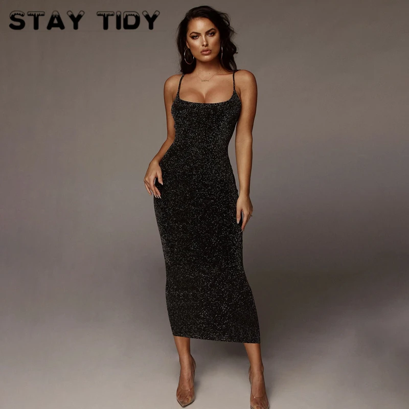 STAY TIDY Sexy Black Spaghetti Strap Elastic Bodycon Dress New 2020 Sprng Women Sleeveless Backless Knee Length Party Streetwear | Женская