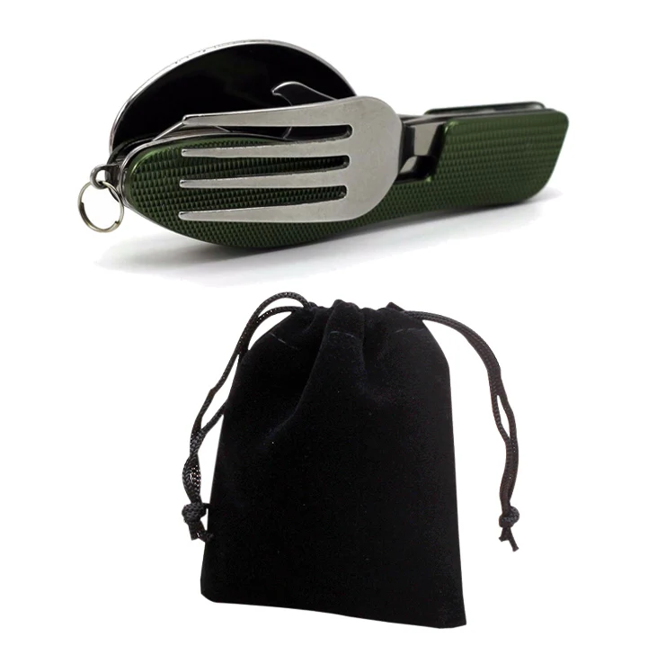 Green Guahua Bag 4 в 1 уличная посуда вилка ложка нож открывалка для бутылок походный, нержавеющая сталь Складные карманные наборы путешествие на выживание путешествия GYH - Цвет: Green Guahua Bag