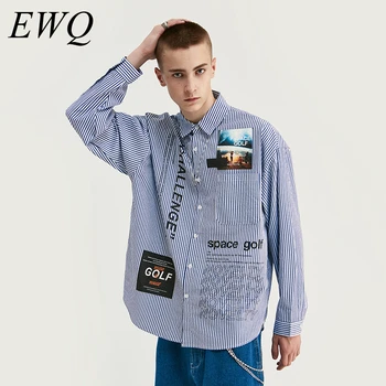 

EWQ / men's wear 2020 spring letter printting shirt male personalized fashion stripes casual loose long sleeve tops 9Y1542