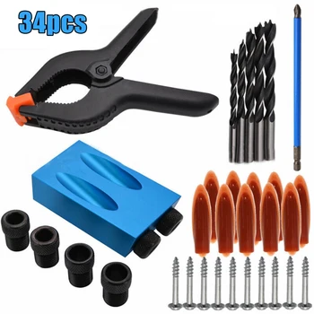 

34Pcs Pocket Hole Screw Jig with Dowel Drill Set Carpenters Wood Joint Tool