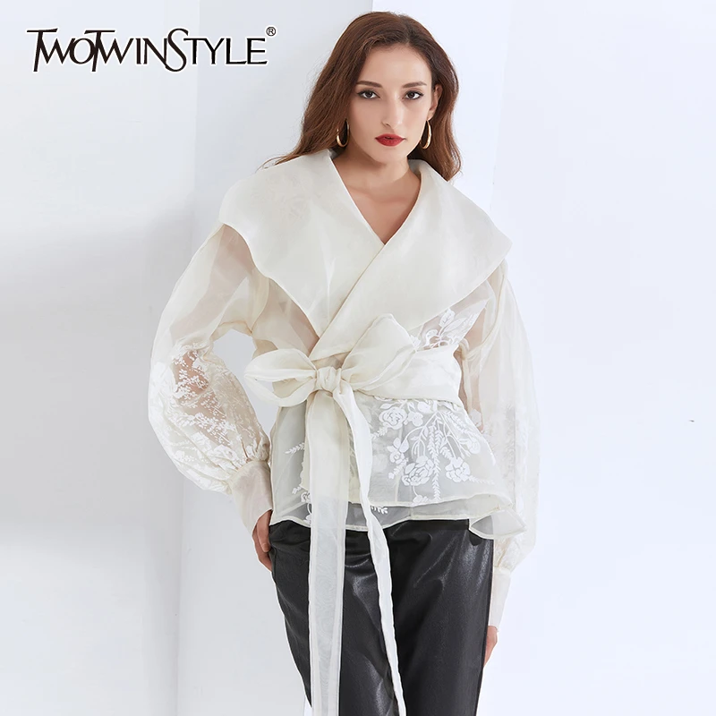

TWOTWINSTYLE Print Mesh For Female Blouse Shirts Lapel Collar Lace Up Bowknot Women's Vintage Shirt 2020 Fashion Fall New Tide