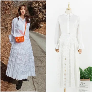 

Lee Sung Kyung same White lace patchwork shirt lace skirt 2020 NEW
