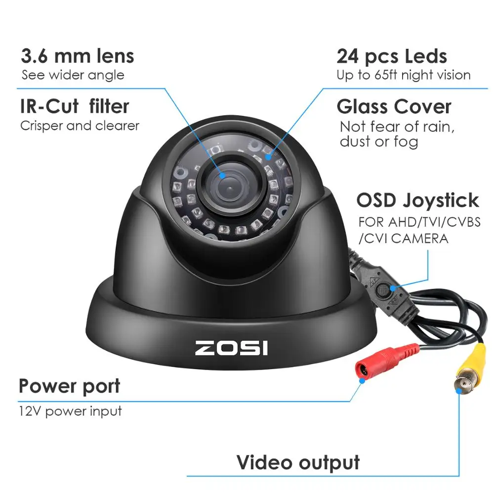 ZOSI 1080P 2MP TVI CVI AHD CVBS 4-in-1 Video Surveillance Outdoor Dome Camera HD Weatherproof Home CCTV Security Camera System 6