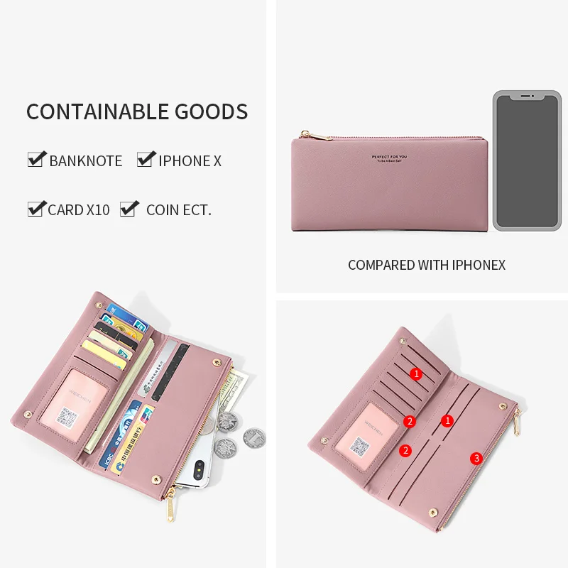 WEICHEN Soft Leather Women Wallets Purse Card Holder Zipper Phone Pocket Long Wallet Carteira Portfel Forever Young Female Purse