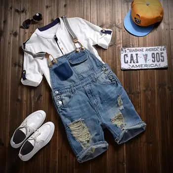 

Couple suspenders retro light blue ripped jeans suspenders five-point shorts summer