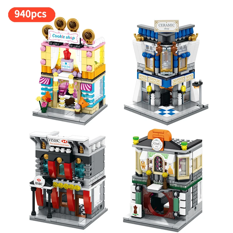 

4set/lot Cloth shop HF-Bank Cookie shop Ceramic shop city street led light view building block toy for children gift