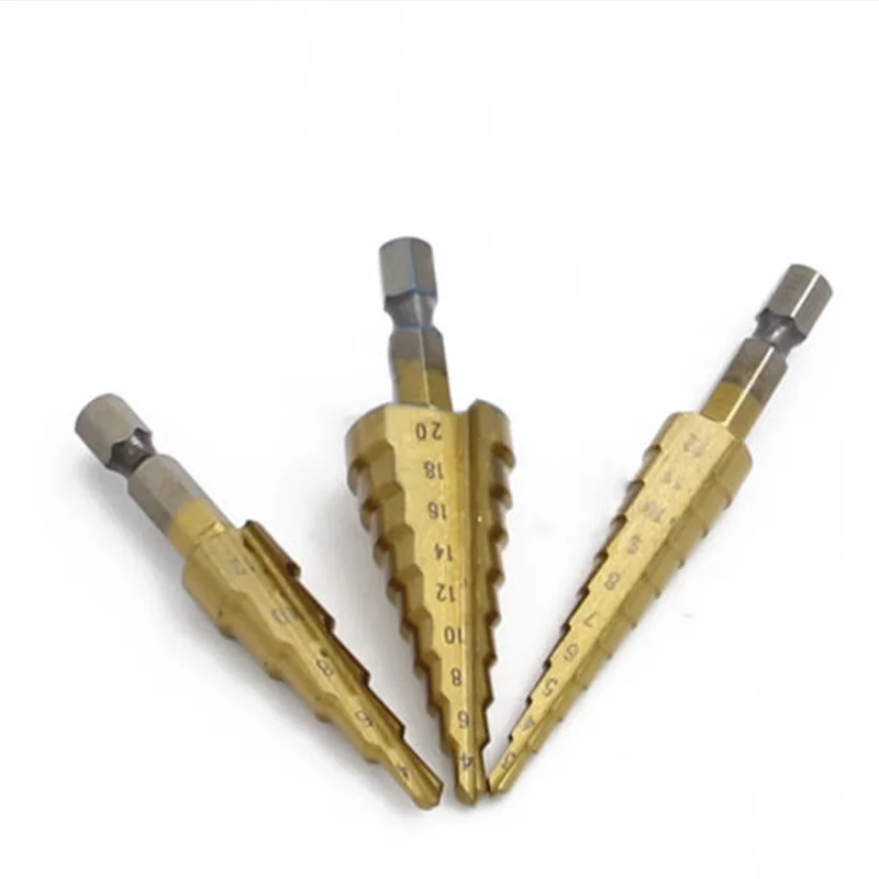 

3Pcs Steel Titanium Nitride Coated Step Drill Bit Quick Change 4~20 / 3~12 /4~12