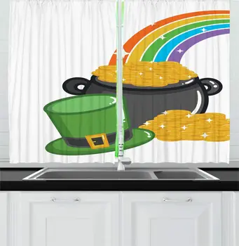

White Multicolor St Patrick's Day Kitchen Curtains Irish Cartoon Design Coin Pot Rainbow Funny Leprechaun Hat Window Drapes