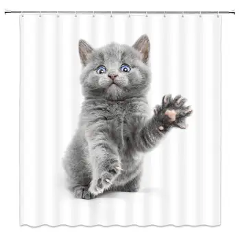 

Gray Cat Shower Curtain Cute Pet Funny Animal Kids Bathroom Decor Waterproof Polyester Fabric Bath Accessories Hanging Curtains
