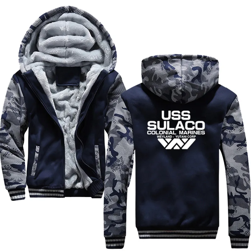 Толстовки мужские модные USS SULACO толстые флисовые толстовки мужские s толстовки однотонные зимние утолщенная Толстовка Толстовки - Цвет: Navy blue