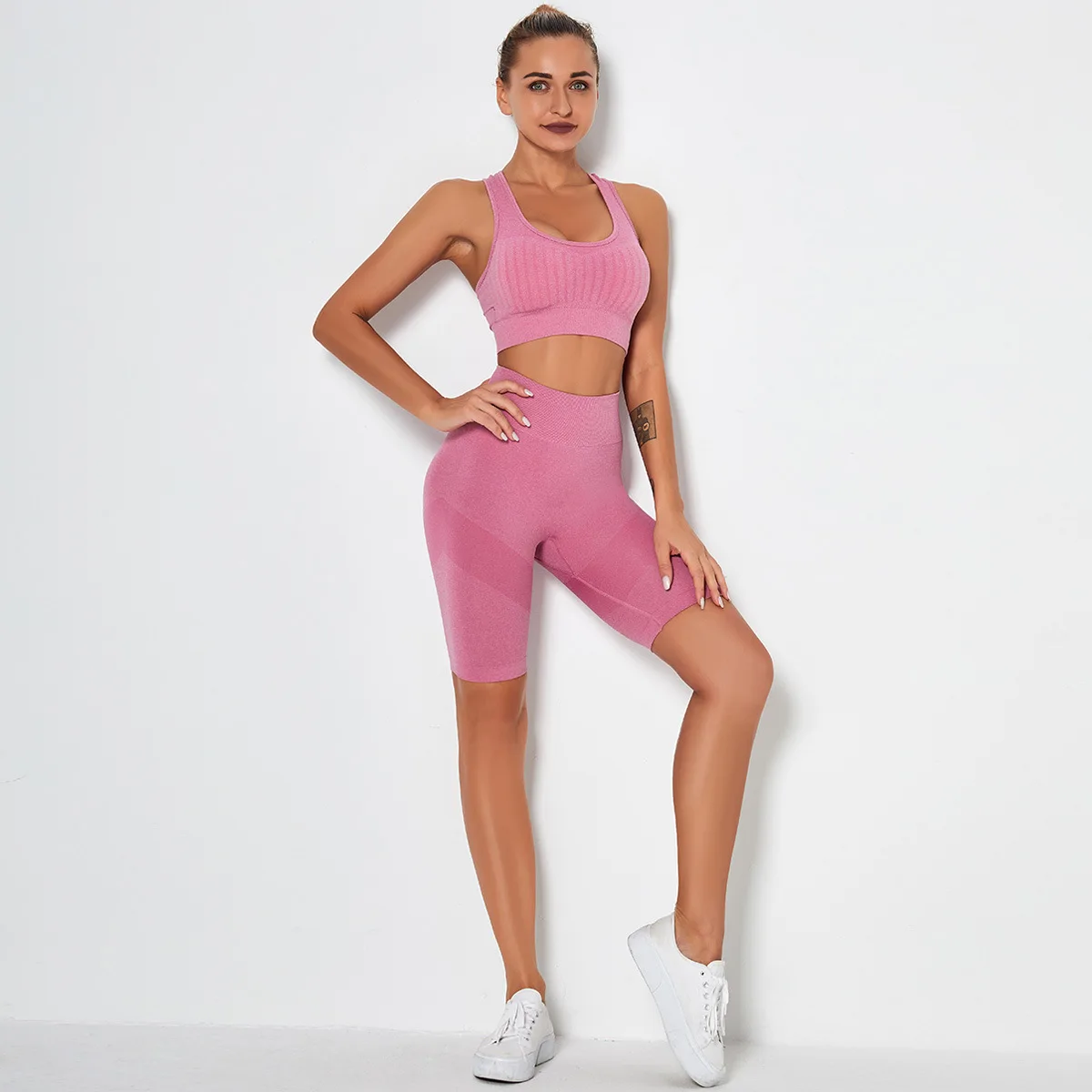 

Seamless 2 Piece Set Women Workout Clothes Gym Clothing Push Up Padded Sport Bra High Waist Biker Shorts Yoga Set Fitness Suits