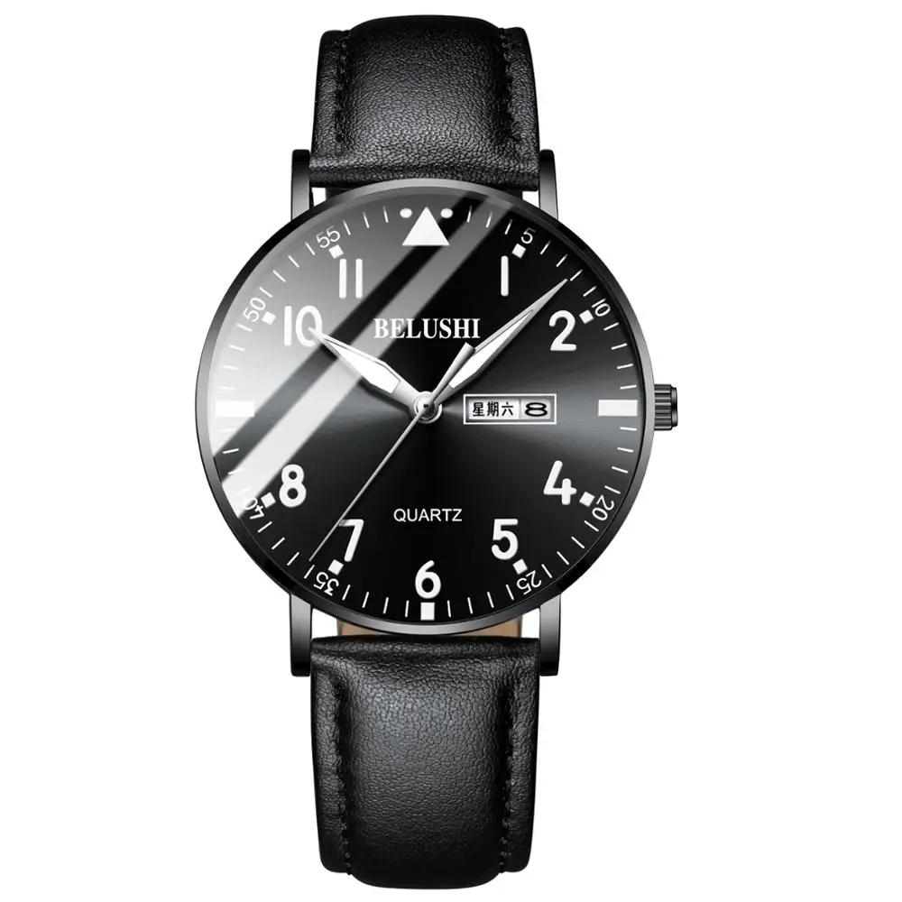 Watches Mens Luminous Leather Watch Men Belushi Fashion Leisure Luxury Hardlex Steel Waterproof Big Numeral Watches Black - Цвет: 554 Leather Black BW