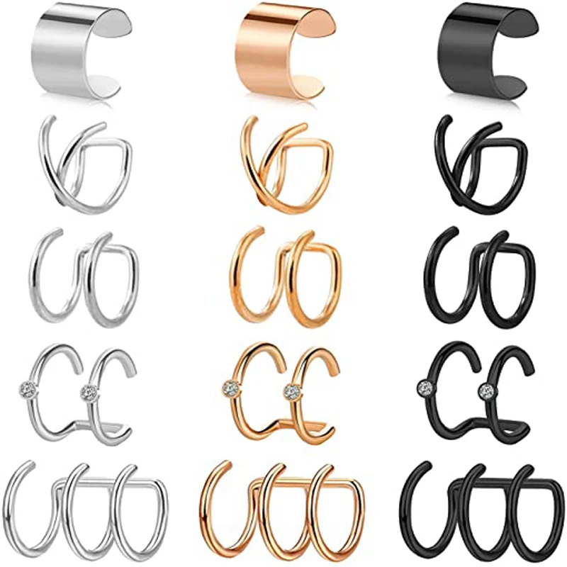 1Pcs/15 Pcs Stainless Steel Ear Cuff Helix Cartilage Clip On Wrap Earrings Fake Nose Ring Non-Piercing Adjustable Men Women ear clip earrings clip earrings ear clip ear accessories