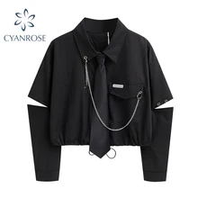 Fashion Punk Style Women Shirt Gothic Harajuku Dark Tie And Chain Long Sleeve Split Goth Design Streetwear Blouse Girl Crop Top
