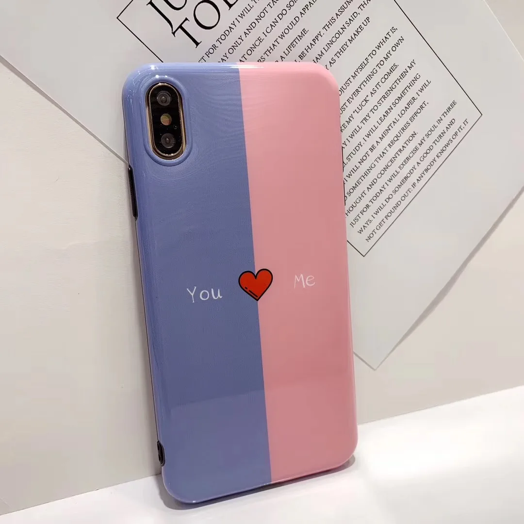 

New cute simple love pink blue stitching couple phone case for iphone Xs MAX XR X 6 6s 7 8 plus fresh bright soft coque