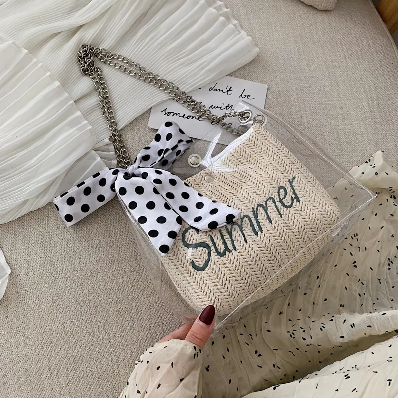 

Xiaoqingxin 2019 Women's Bag New White Peach Net Red Single Shoulder Ocean Oblique Transparent Chain Time Bag