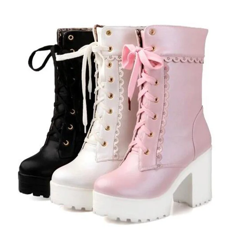 

Big Size 43 Chunky High Heels Women Ankle Boots Lace Up Fall Winter Platform Ladies Boots Large Size Fashion Shoes White Black