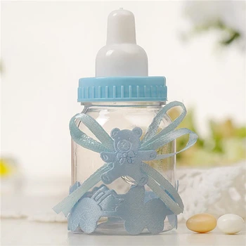 

12pcs/set Transparent Plastic Feeder Bottle Candy Box Cute Blue/pink Wedding Birthday Baby Shower Cake Topper Party Supplies