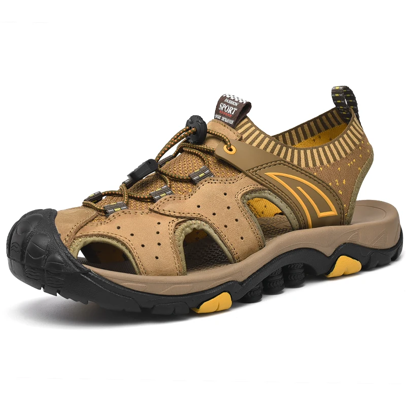 

Cow Leather Summer Men's Sandals Shoes Flyknit Men Sandals Leather High Elasticity Handmade Shoes Man Luxury Beach Sandal
