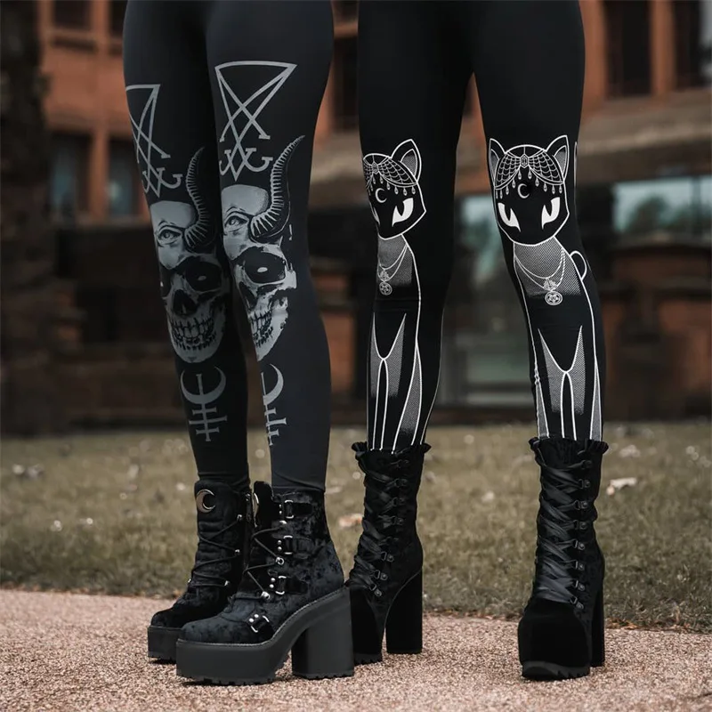 Gothic Sport Gym Leggings Women High Elastic Fitness Plus Size Ladies High Waist Legging Skinny Punk Print Cat Autumn Boot Pants