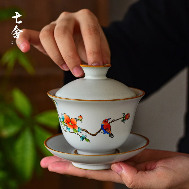 

Ru Kiln Cover Bowl Large Kung Fu Tea Set Tea Bowl Ru Ci can raise three talents to cover the bowl