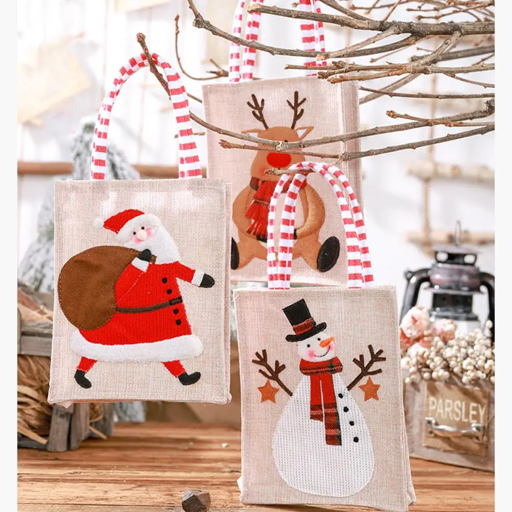 1Pcs Christmas Linen Cloth Stereoscopic Embroidered Handbag Gift Candy Bag Cartoon Xmas Santa Claus Snowman Tote Bags