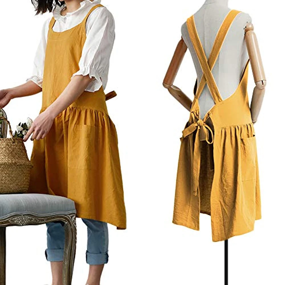 Women Antifouling Cross Back Pockets Cooking Baking Apron Dress Work Clothes Household Cleaning Tools Aprons Pockets Cross Back