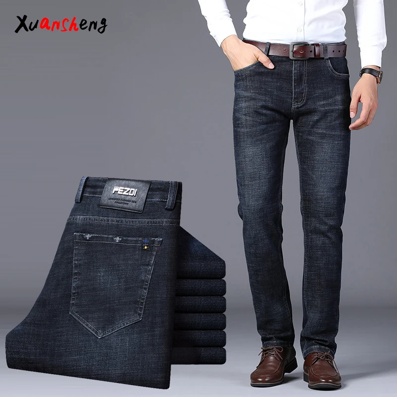 Blue black Xuan Sheng, прямые мужские джинсы,, синие, черные, стрейчевые, Классические, модные, высокая талия, свободные, повседневные, мужские брюки, темные, плотные джинсы - Цвет: Blue black