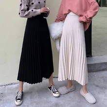 Осень Зима Высокая талия теплые длинные юбки женские черные мягкие плиссированные юбки корейский стиль женские трикотажные миди юбка куртка Femme