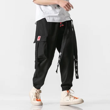 

Men Ribbons Japanese Loose Casual Cargo Pants Male Streetwear Fashion Hip Hop Harem Trousers Joggers Sweatpants