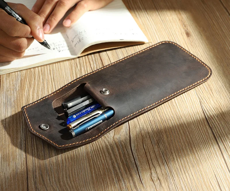 Handmade Genuine Leather Pen Cover with Large Capacity Retro-style Pen Bag Creative Pen Pouch Pencil case Stationery Articles