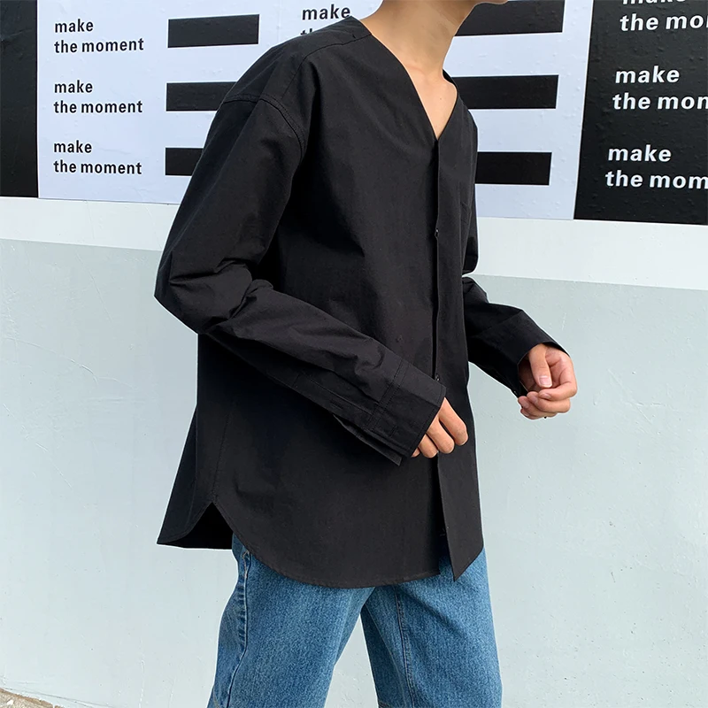 Men Long Sleeve V-neck Loose Casual Black White Shirt Male Japan Style Vintage Streetwear Hip Hop Fashion Dress Shirt