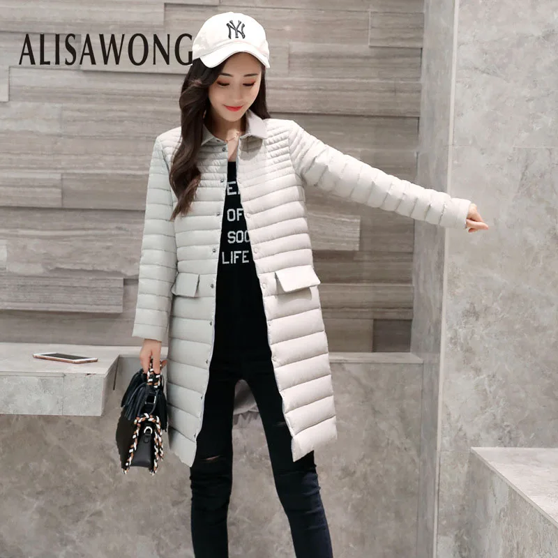 

Autumn Winter Korean Slim Medium Long Down Jackets Womens Thin Turndown Collar Big Size Long Sleeves Coat Female Solid Outerwear