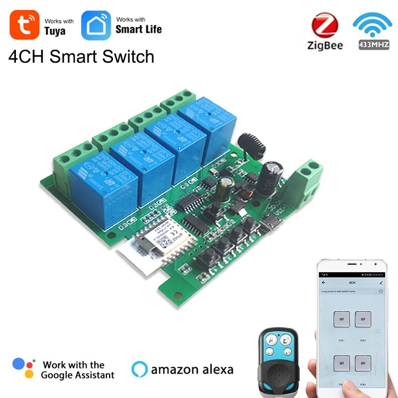 Tuya Zigbee Relay 4CH Smart Home Switch Module DC 12V 24V 32V Wireless Radio RF433 4 Gang Channel for Gateway Hub | Электроника