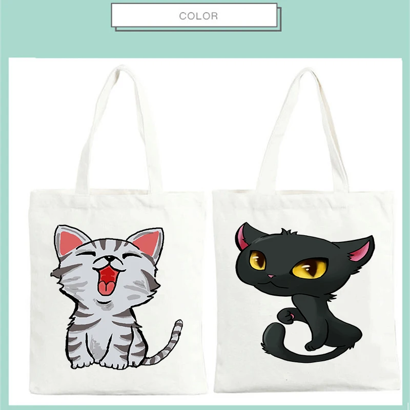 

Women Canvas Tote Bag Fashion Shoulder Cloth Bag Concise Cat Printing Handag Ladies Duty Cotton Shopping Bags With Inner Pocket