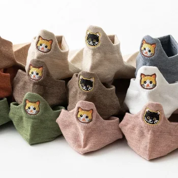 

3 Pairs Pack Cat Women Socks Kawaii Happy Funny Ankle Socks Cartoon Embroidered Cat Harajuku Cotton Fashion Short Sock Woman